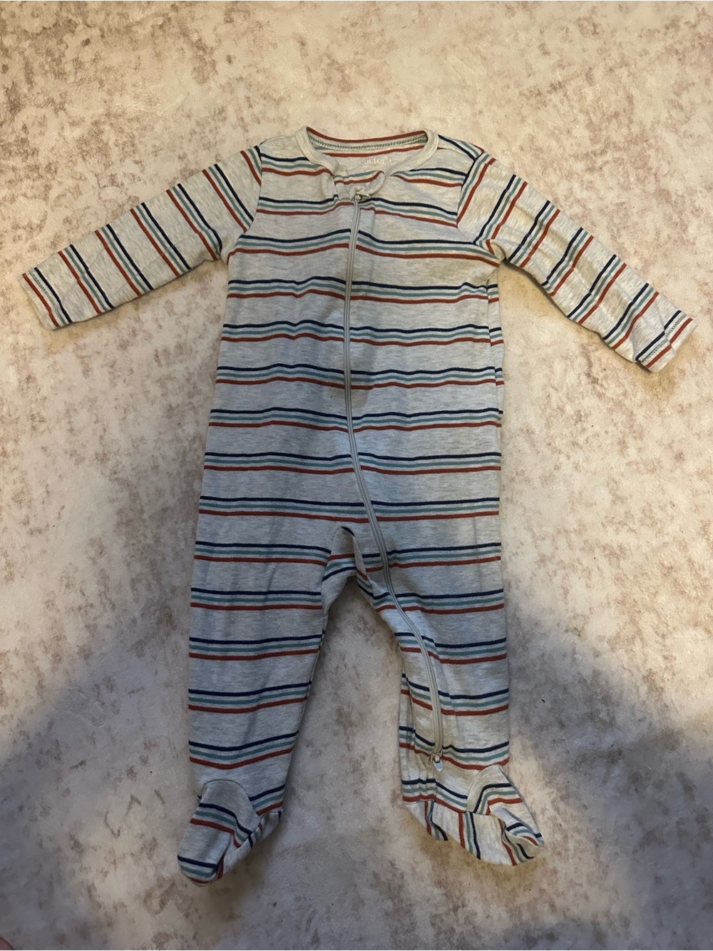 Carter's Striped Footed One-Piece in Gray with Navy & Rust Stripes- size 9M